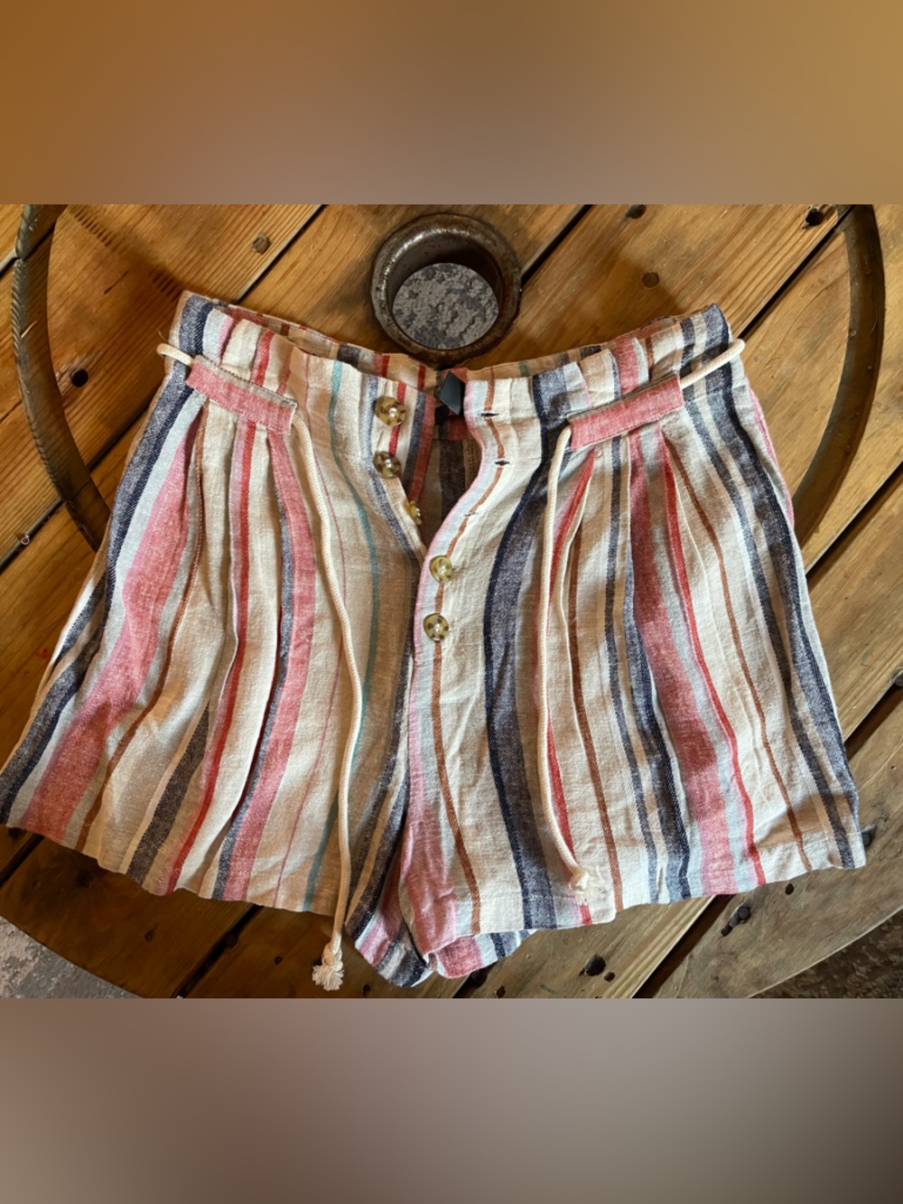 Striped Cotton Blend Kids Shorts - Red, Blue & Cream